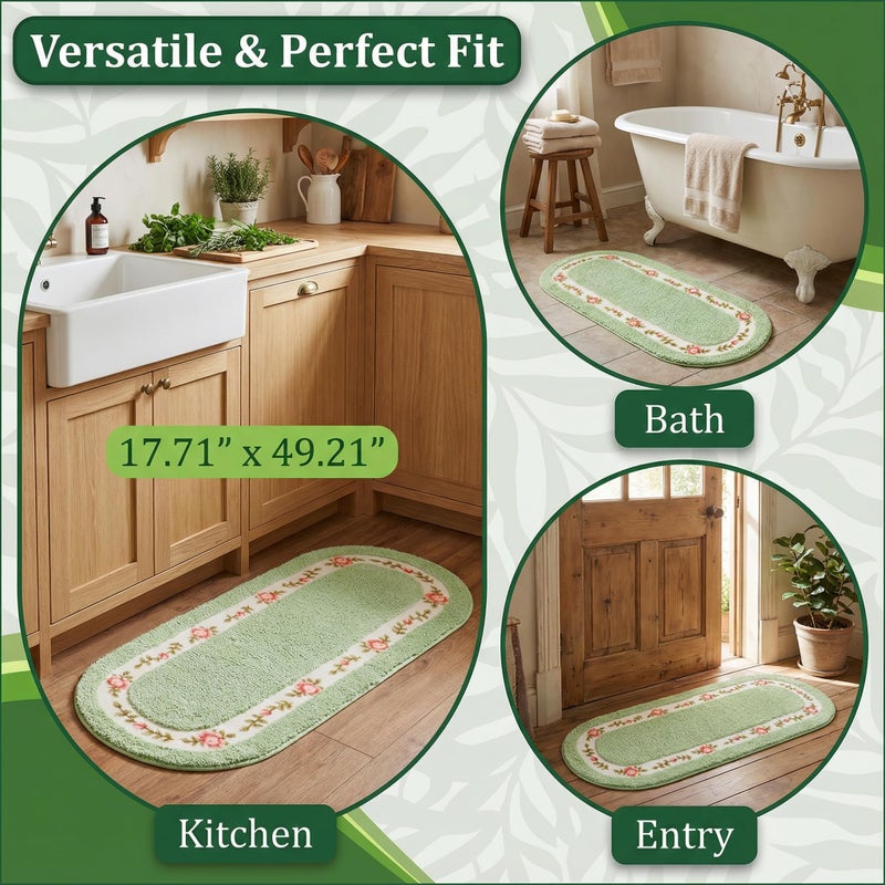 Stay Young Decorative Rose Flower Area Rug,Bedroom Living Room Bathroom Rugs,Bath Mat Kitchen Mat,Cute Floral Design,Super Soft and Non Slip,Green 17.71 x 49.21 Inch - Image 5